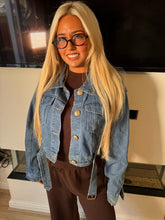 Load image into Gallery viewer, Denim cropped gold button jacket
