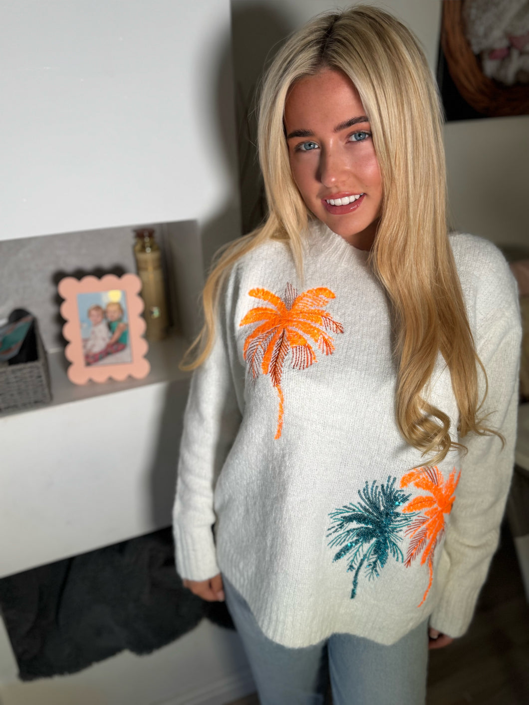 White sequin palm tree jumper