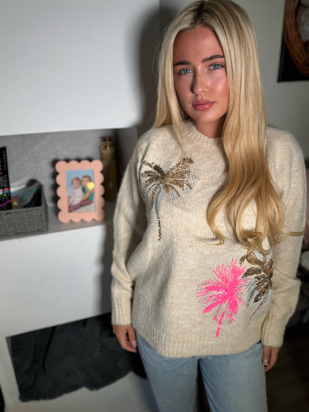Beige sequin palm tree jumper
