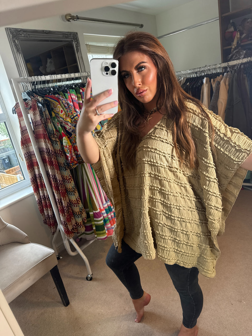 Beige frilly batwing top