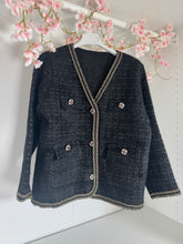 Load image into Gallery viewer, Black and gold soft tweed cardigan
