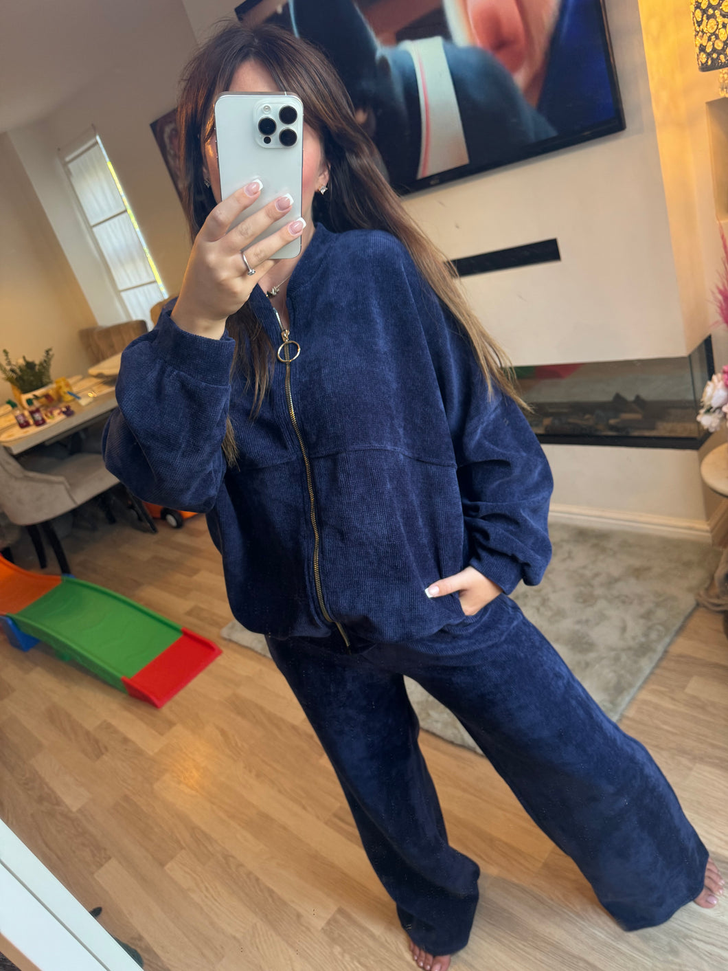 Navy cord zip up tracksuit