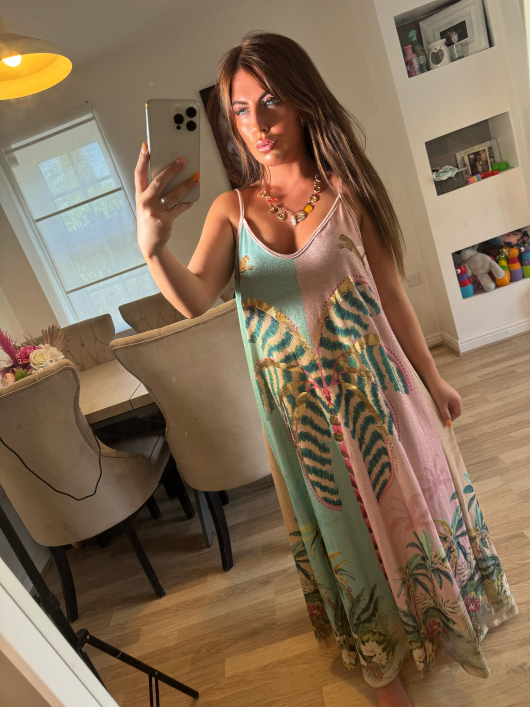 Palm tree lurex dress strap