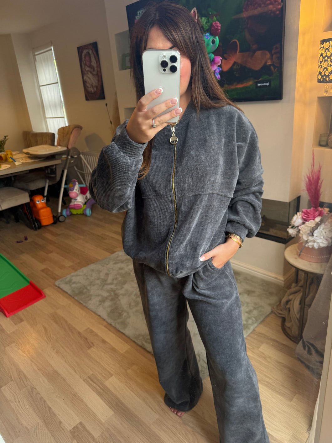 Dark grey cord zip up loungewear tracksuit