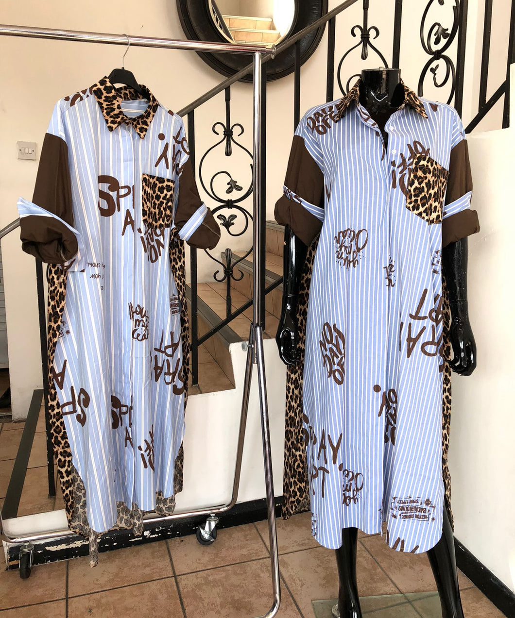 Brown stripe graffiti leopard shirt dress