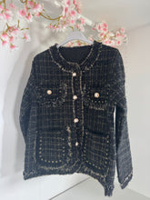 Load image into Gallery viewer, Black and gold pearl tweed cardigan
