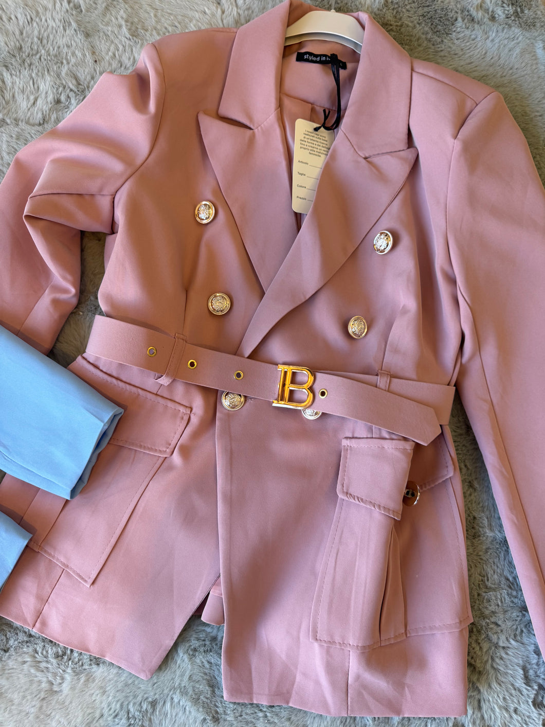Pink belted B blazer