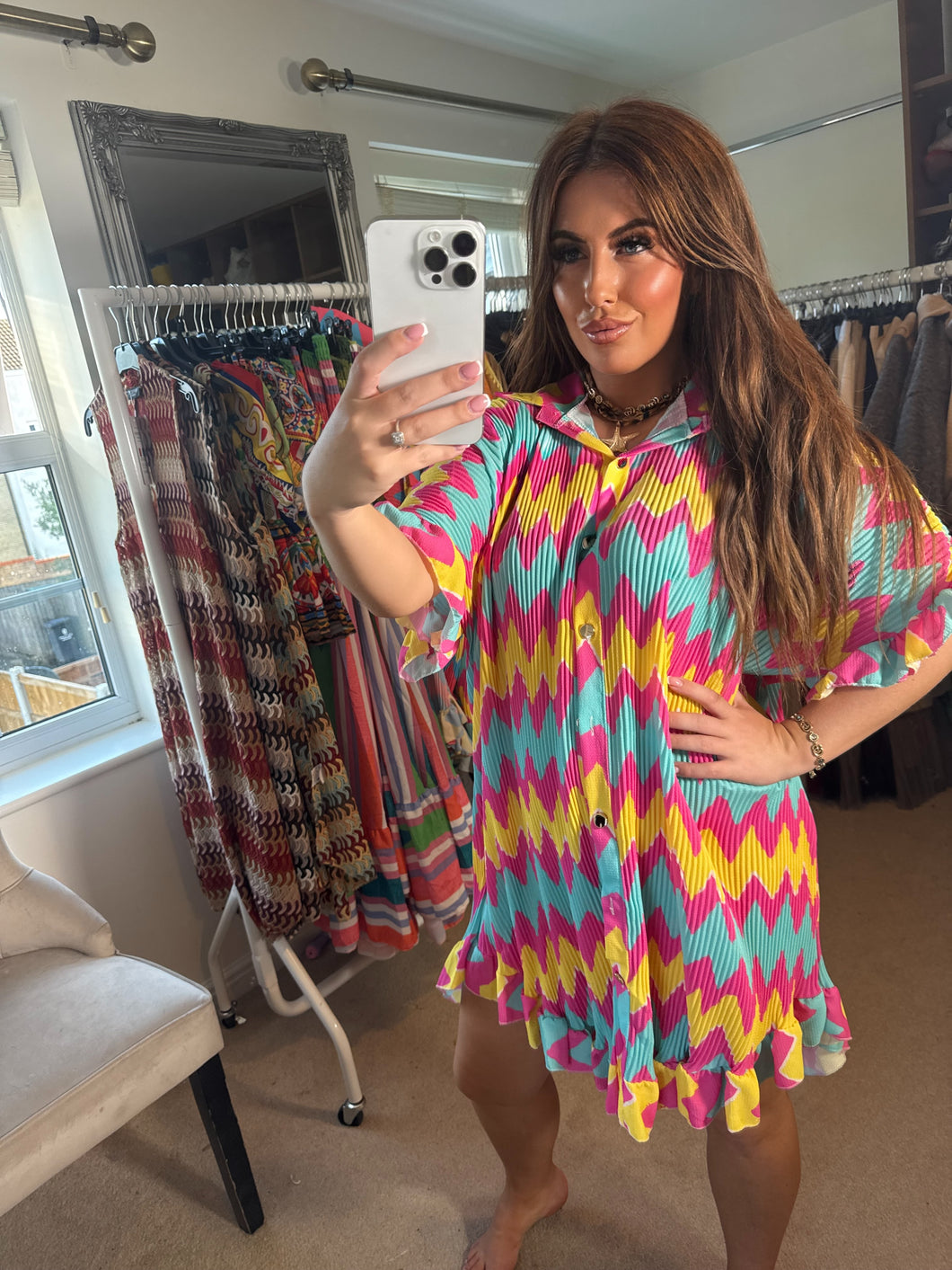 Pink and blue zigzag curve dress