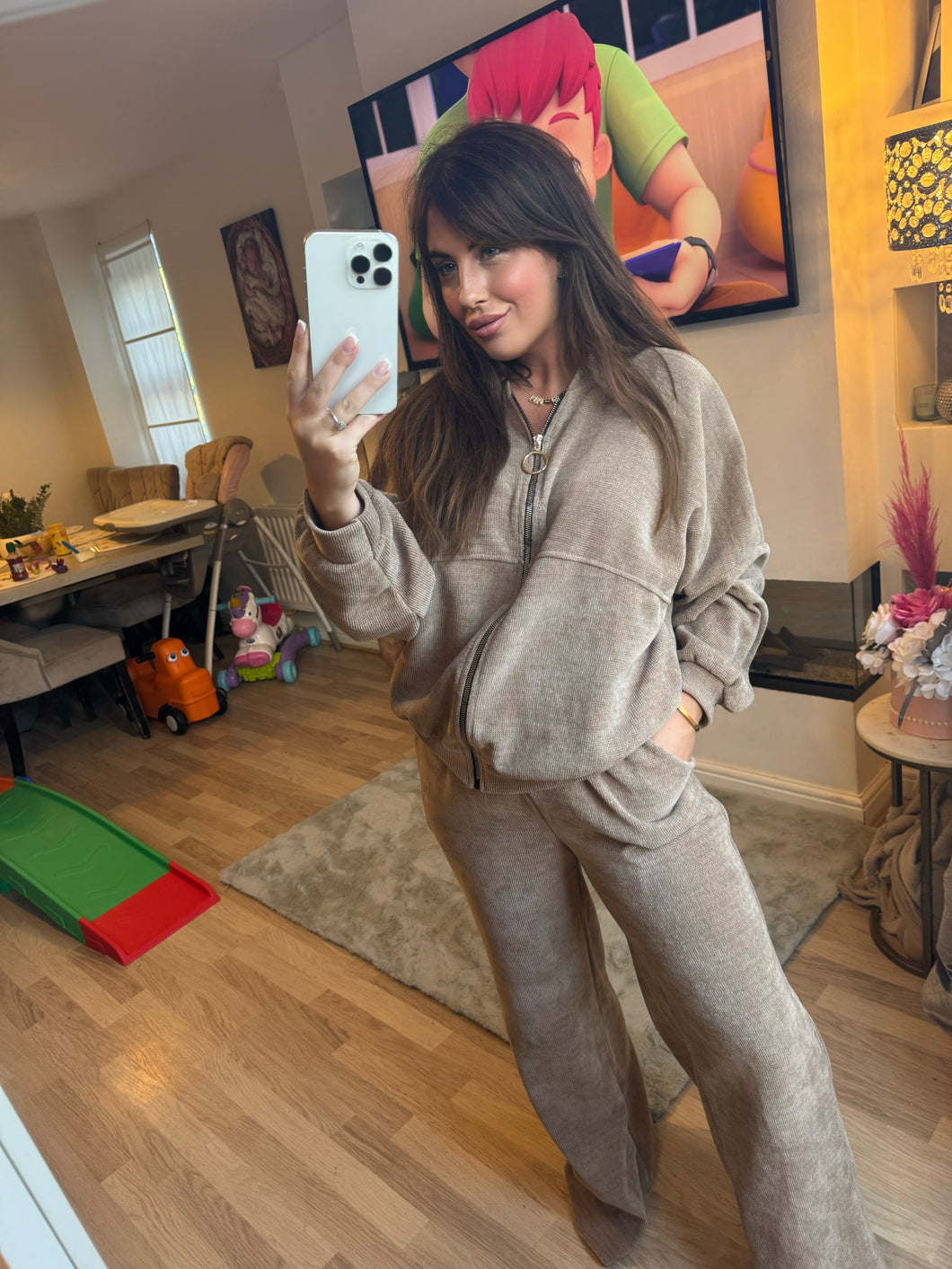Beige cord zip up tracksuit