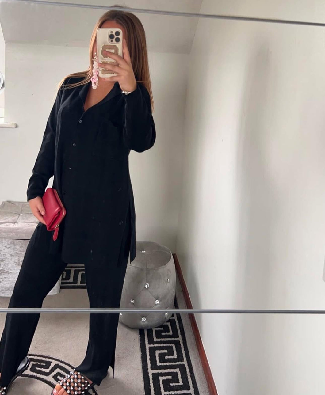 Black button v neck co ord loungewear