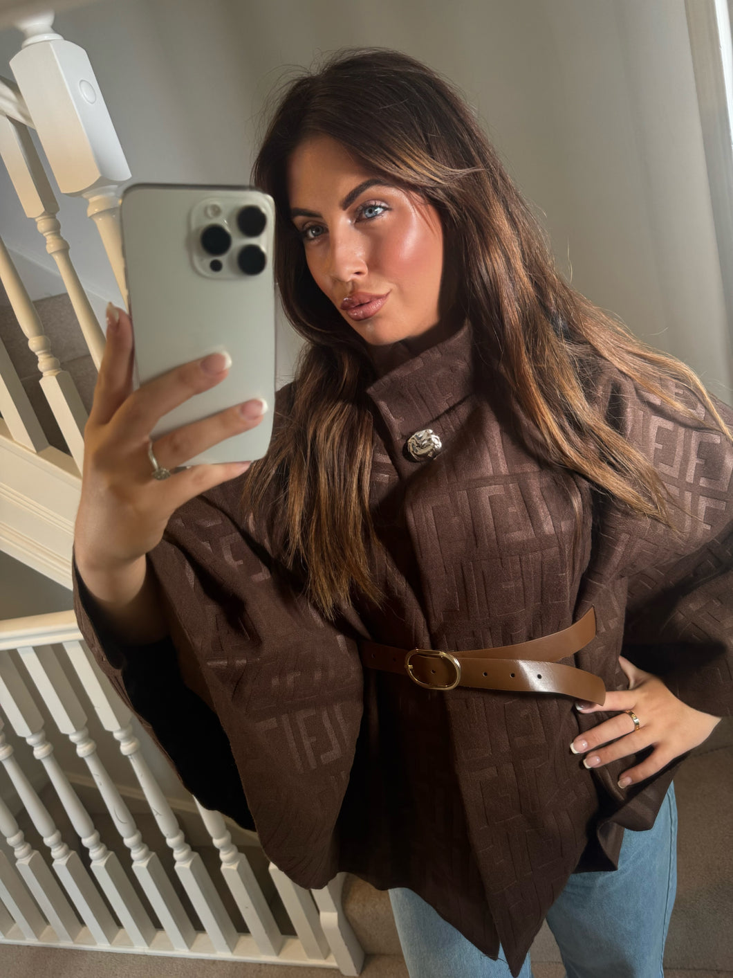 Brown belted cape