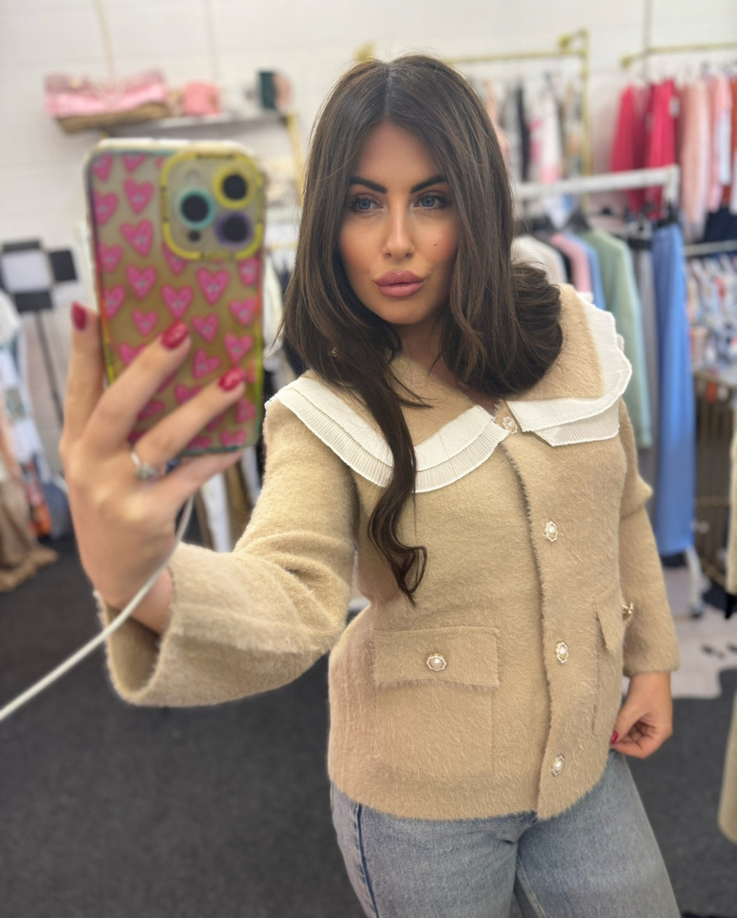 Beige fluffy collar cardigan
